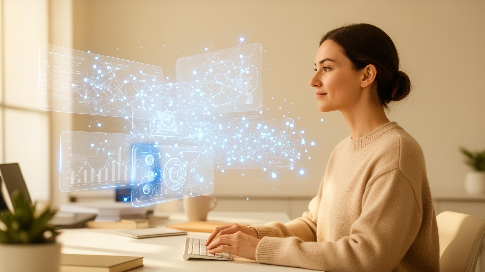 Operator working alongside floating AI data visualizations in a warm, naturally lit office